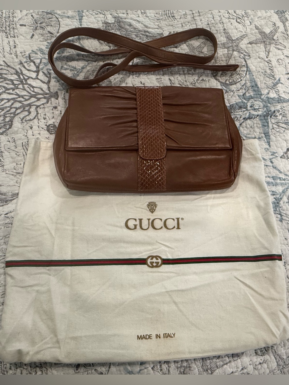 Vintage Gucci Cognac Brown Leather Crossbody Clutch with Textured Strap